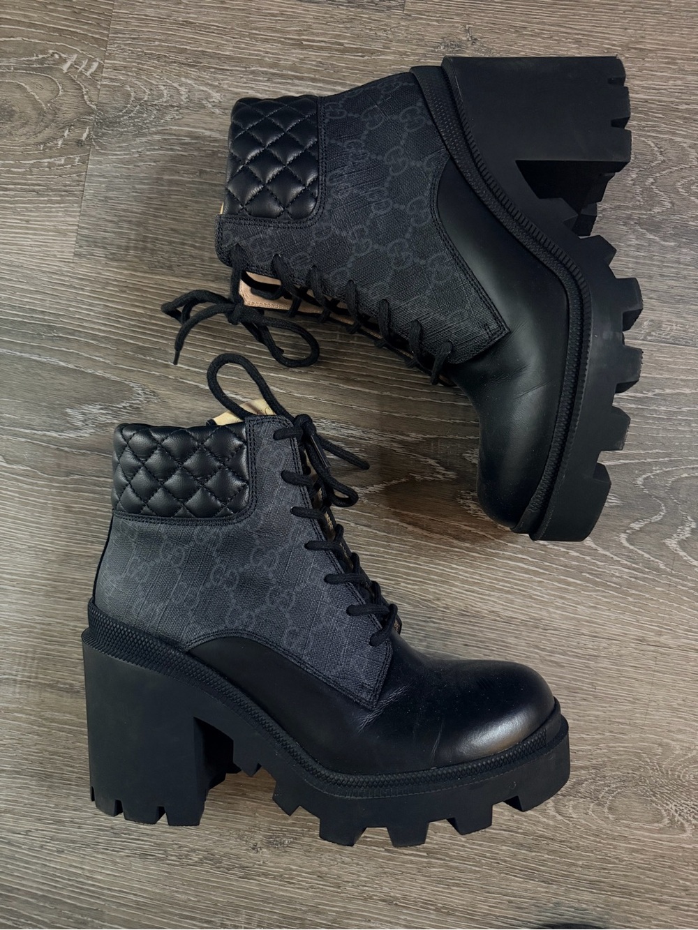 Authentic Gucci Black Quilted Lace-Up Platform Ankle Boots size 38
